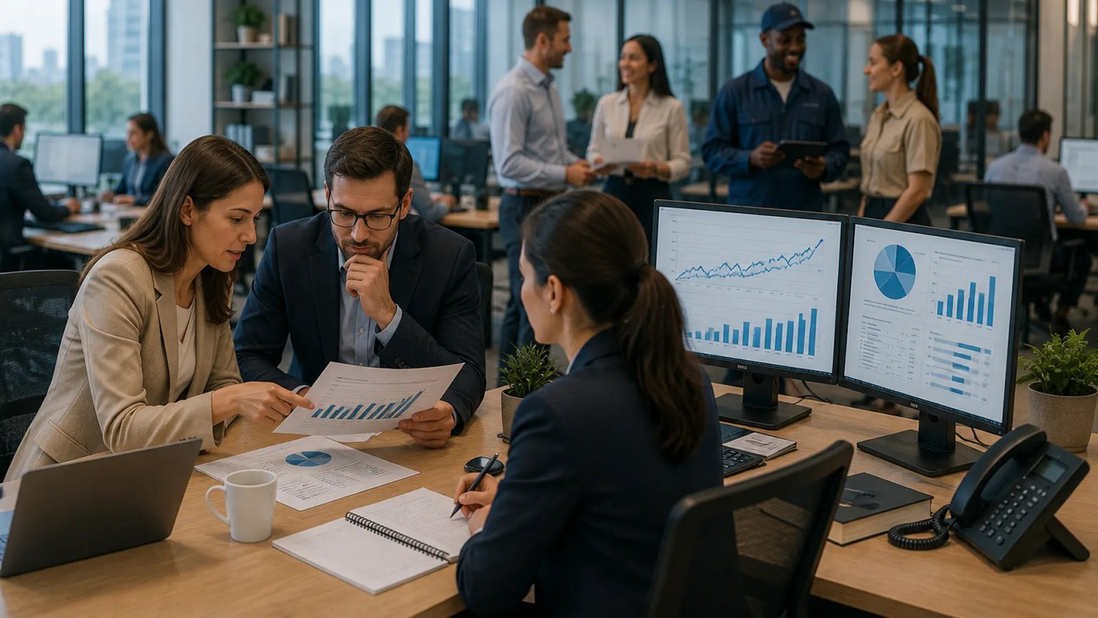 Business professionals working in a modern recruitment office discussing hiring trends and workforce planning.