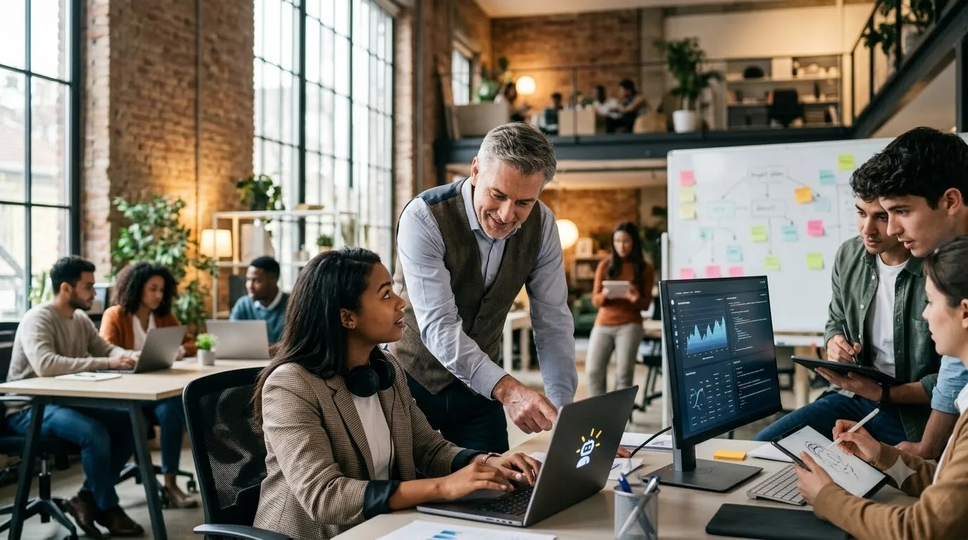Young professionals working with AI technology in a modern workplace while developing career skills.