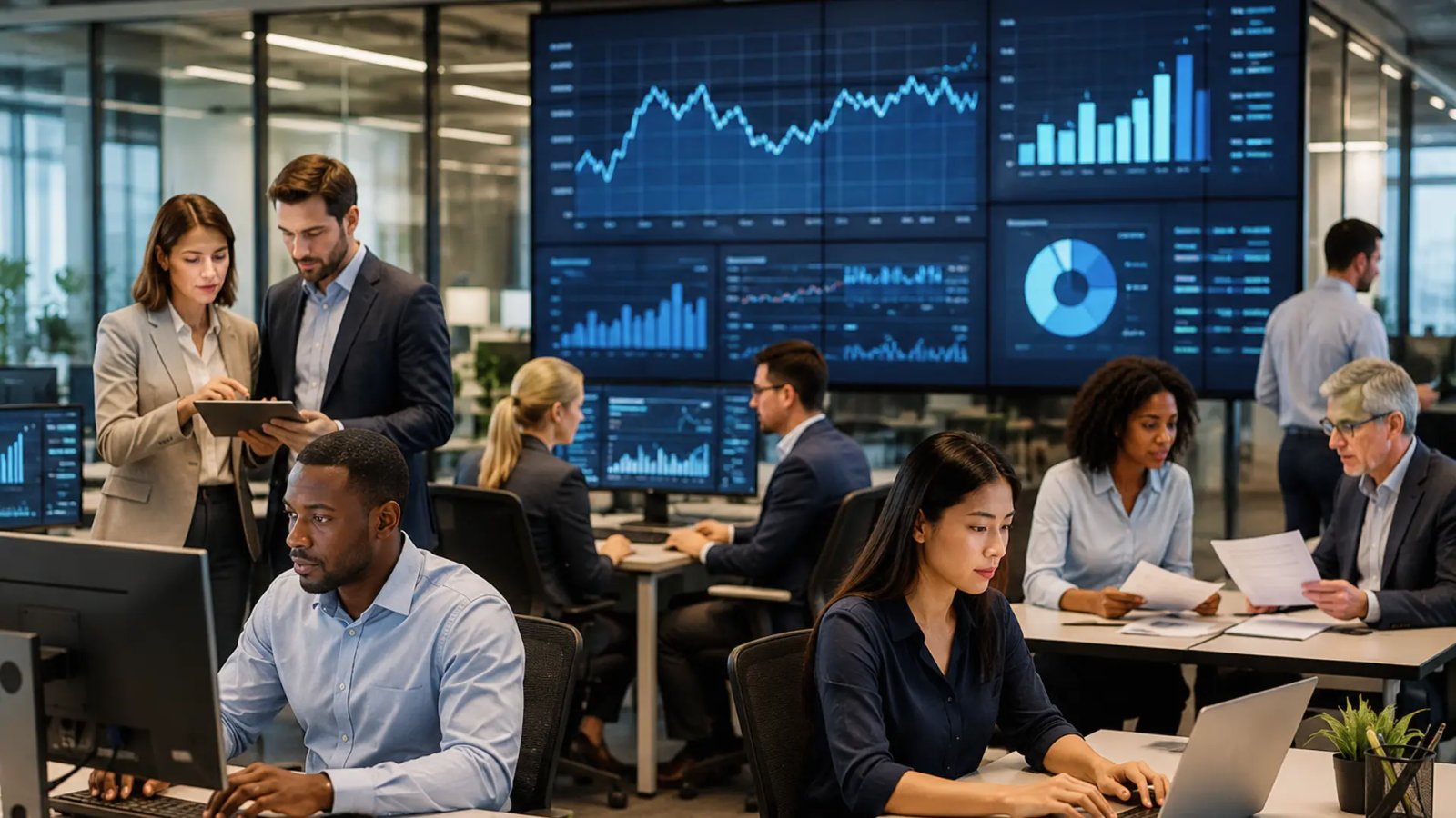 Professionals working in a modern office with employment and labor market data displayed on digital screens.