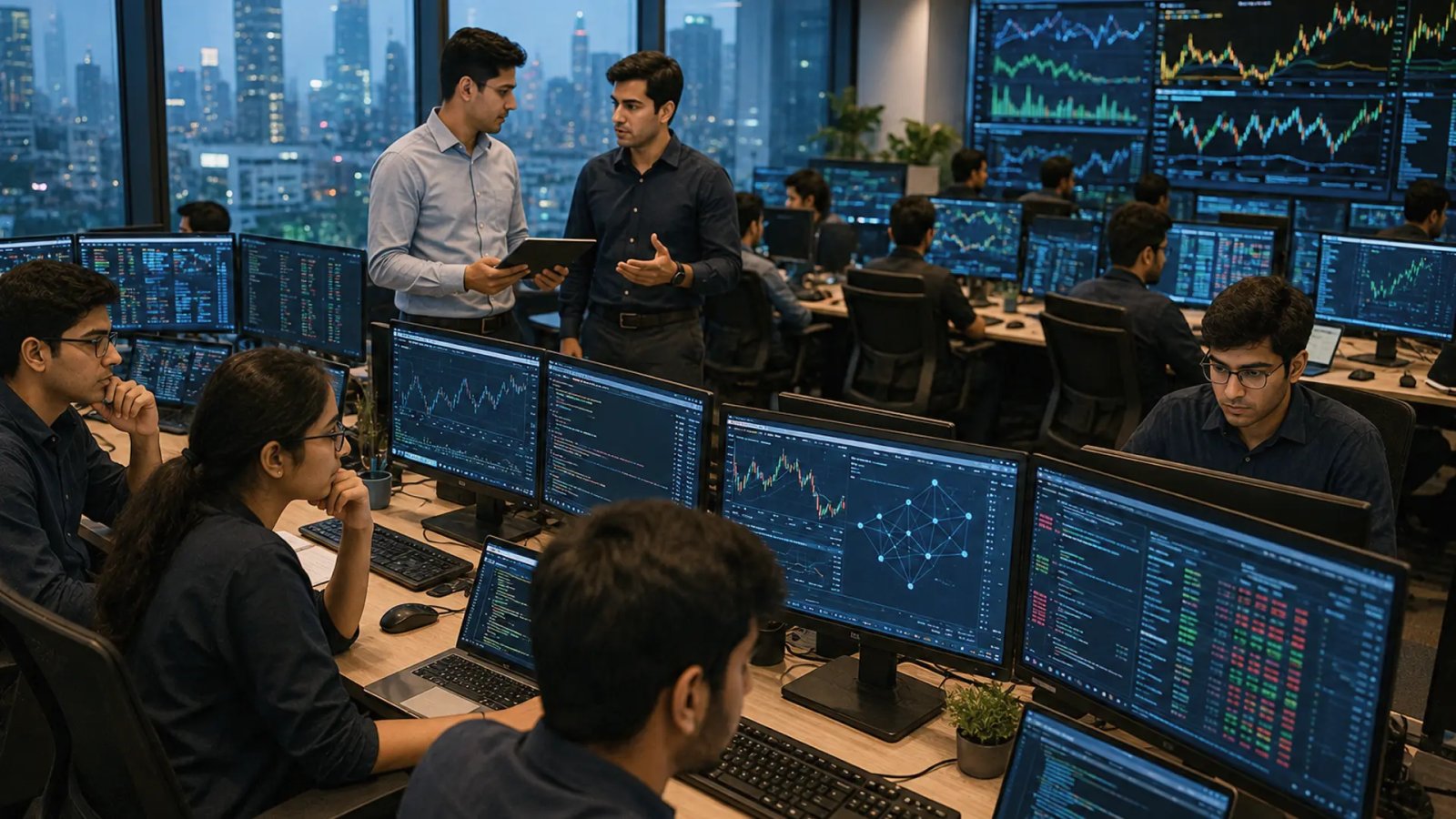 Young professionals working on quantitative trading and financial data analysis in a modern Indian trading office