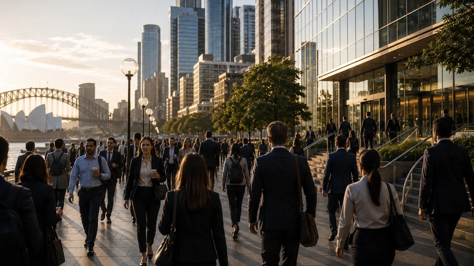 Professionals walking through a business district in Australia, representing strong employment growth and labour market resilience.