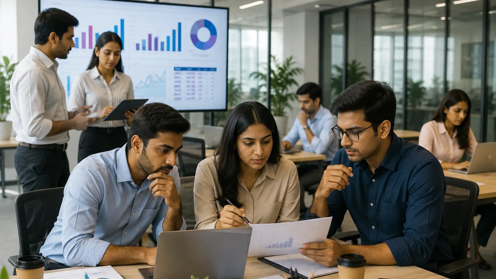 Indian professionals discussing job titles, salaries and career progression in a modern workplace