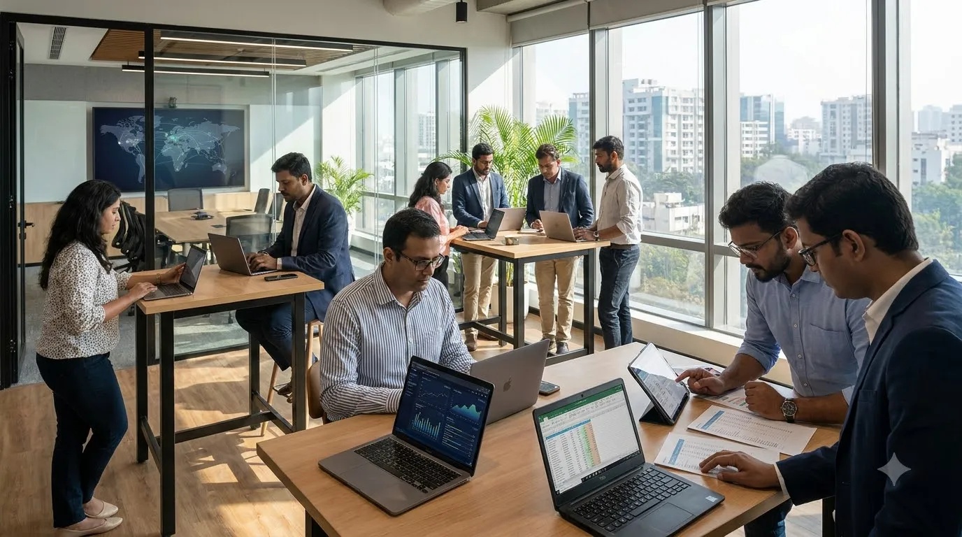Business professionals working on digital payment technology in a modern Indian office, representing fintech expansion and hiring in India.