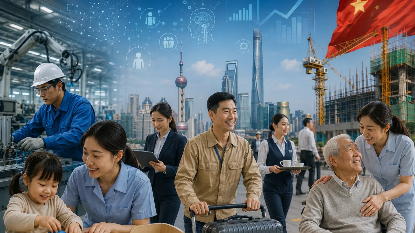 Workers in an industrial and service-sector setting representing China's employment and workforce development strategy.