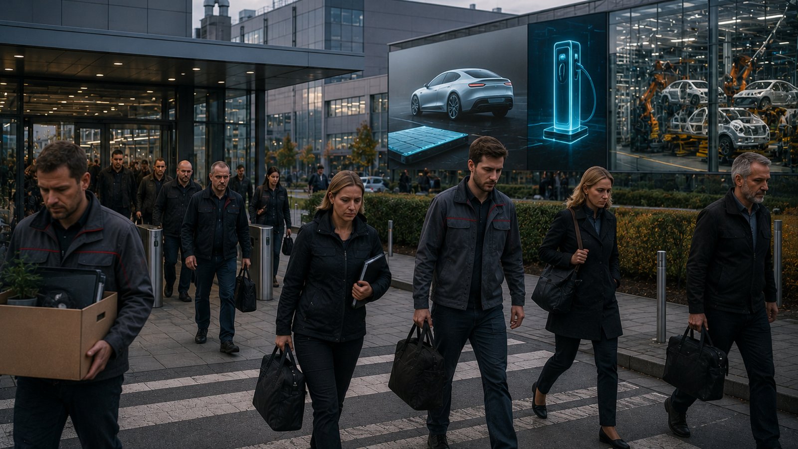 Employees walk outside a Porsche production facility as the company announces a long-term workforce reduction plan alongside continued investment in its manufacturing and research operations.