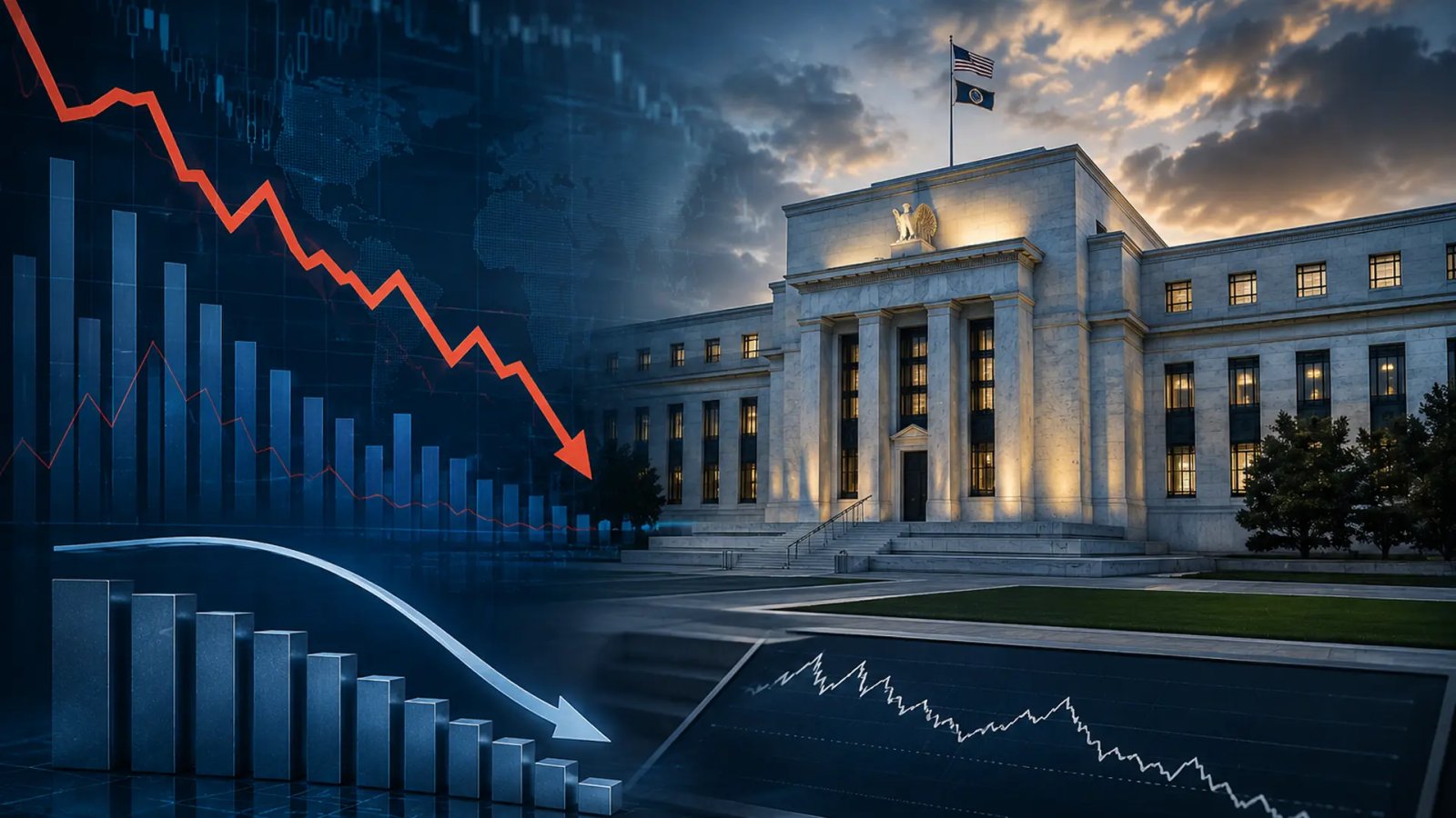 Federal Reserve building with financial market graphics representing interest-rate expectations.