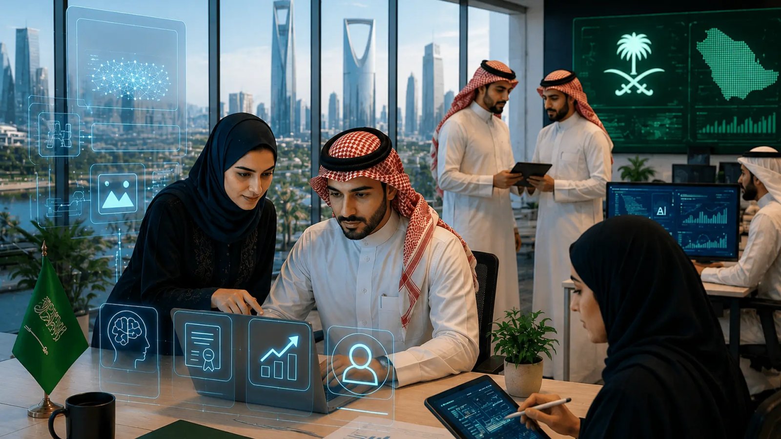 Professional employees working with AI-powered digital tools in a modern Saudi workplace, highlighting the growing demand for generative AI skills and certifications.
