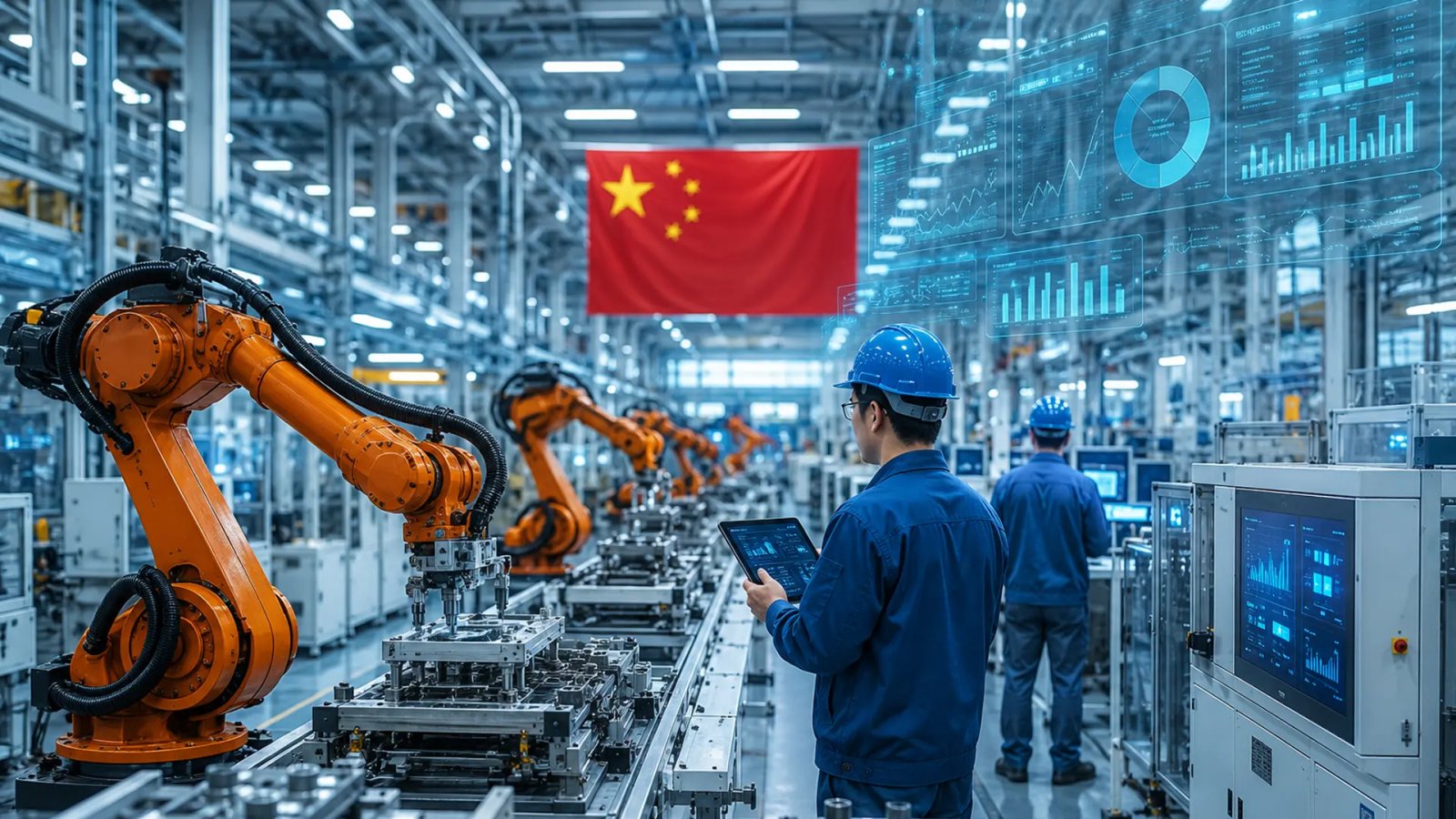 Factory workers operating production equipment inside a manufacturing facility in China