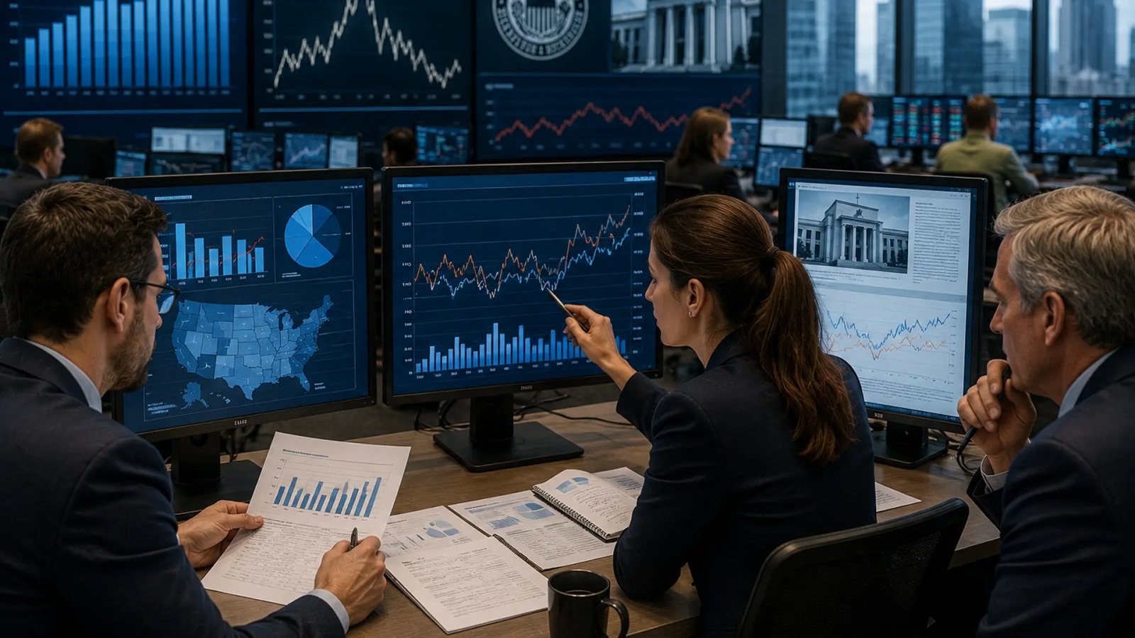 A financial district skyline with traders reviewing economic charts highlighting employment data and inflation indicators.