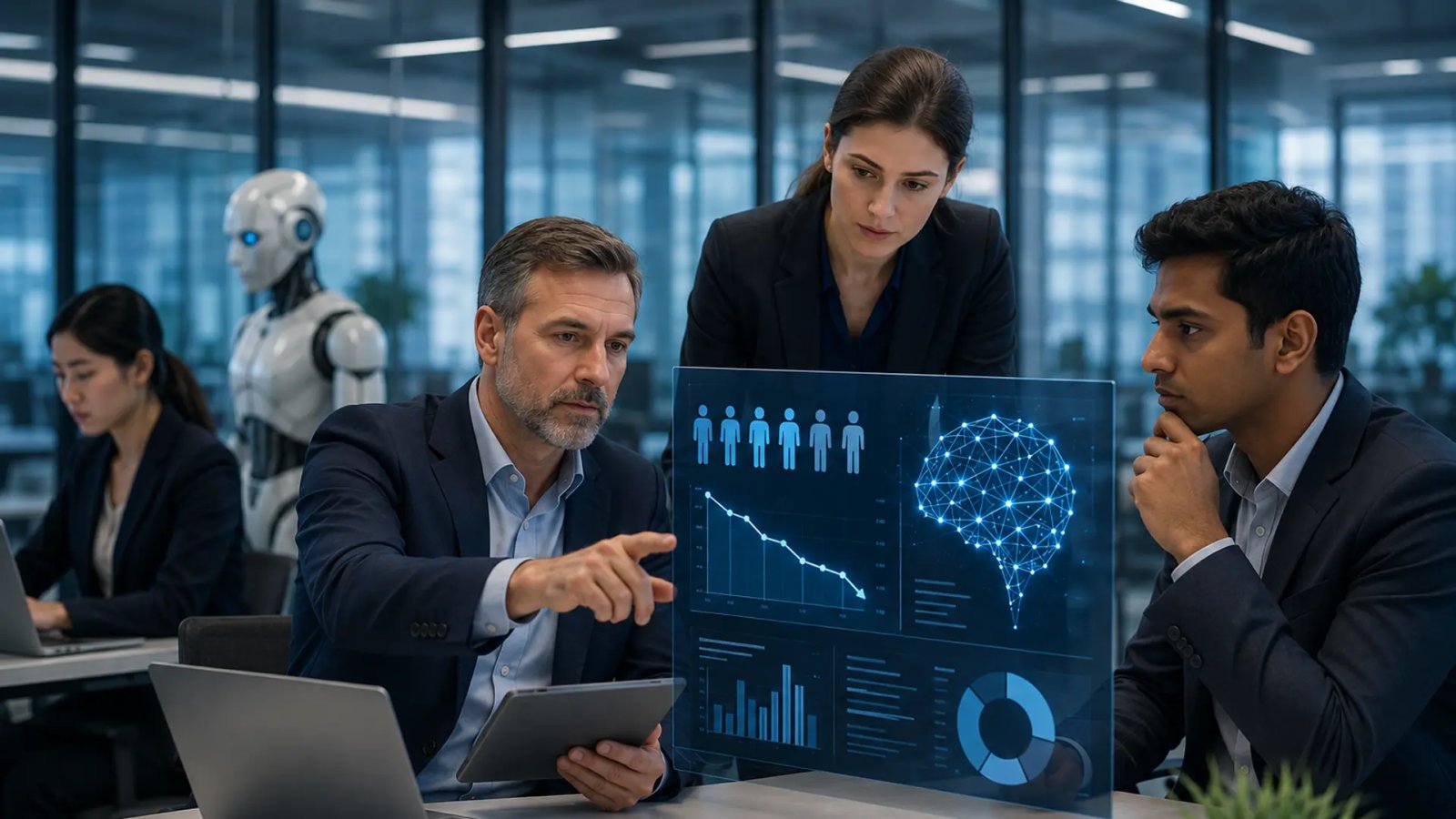 Professional office employees working alongside AI-powered digital systems, illustrating the impact of artificial intelligence on workforce planning and jobs