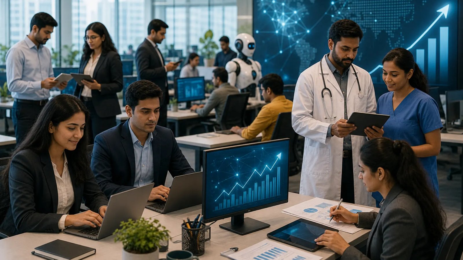 Professionals working in a modern Indian workplace representing job market recovery, healthcare hiring growth, technology employment trends and increasing AI-related opportunities.