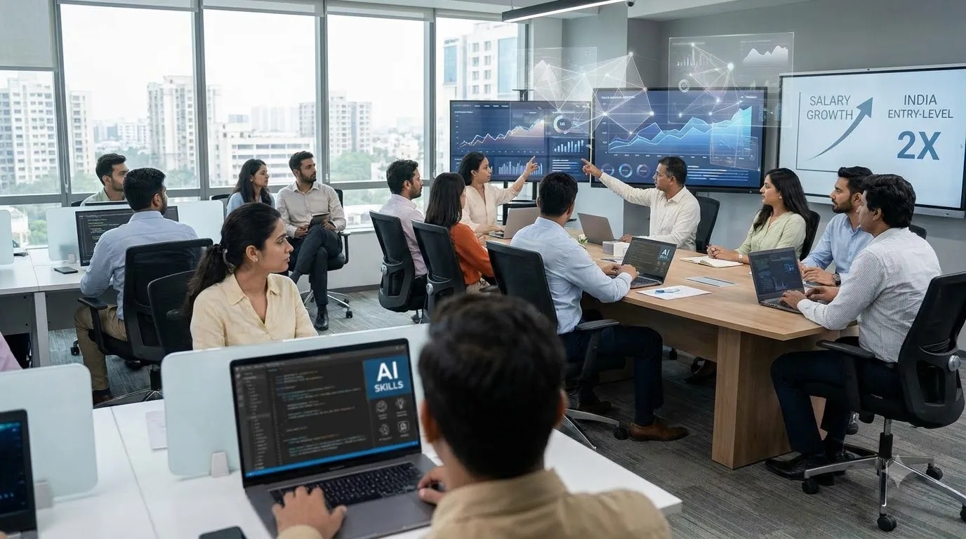 Professionals using AI tools in a modern workplace while reviewing career and salary information