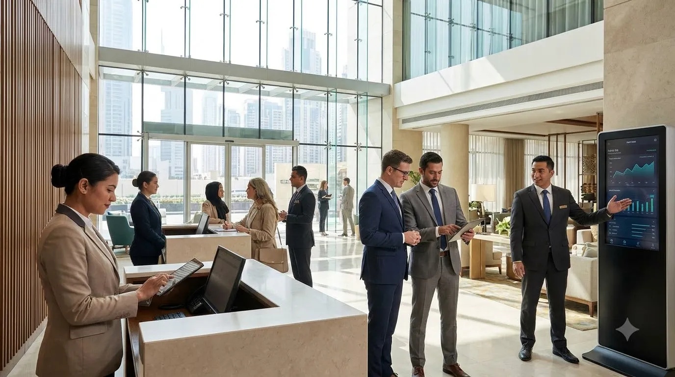 Hospitality professionals working in a modern UAE hotel environment as the sector expands its hiring across operational and technology roles