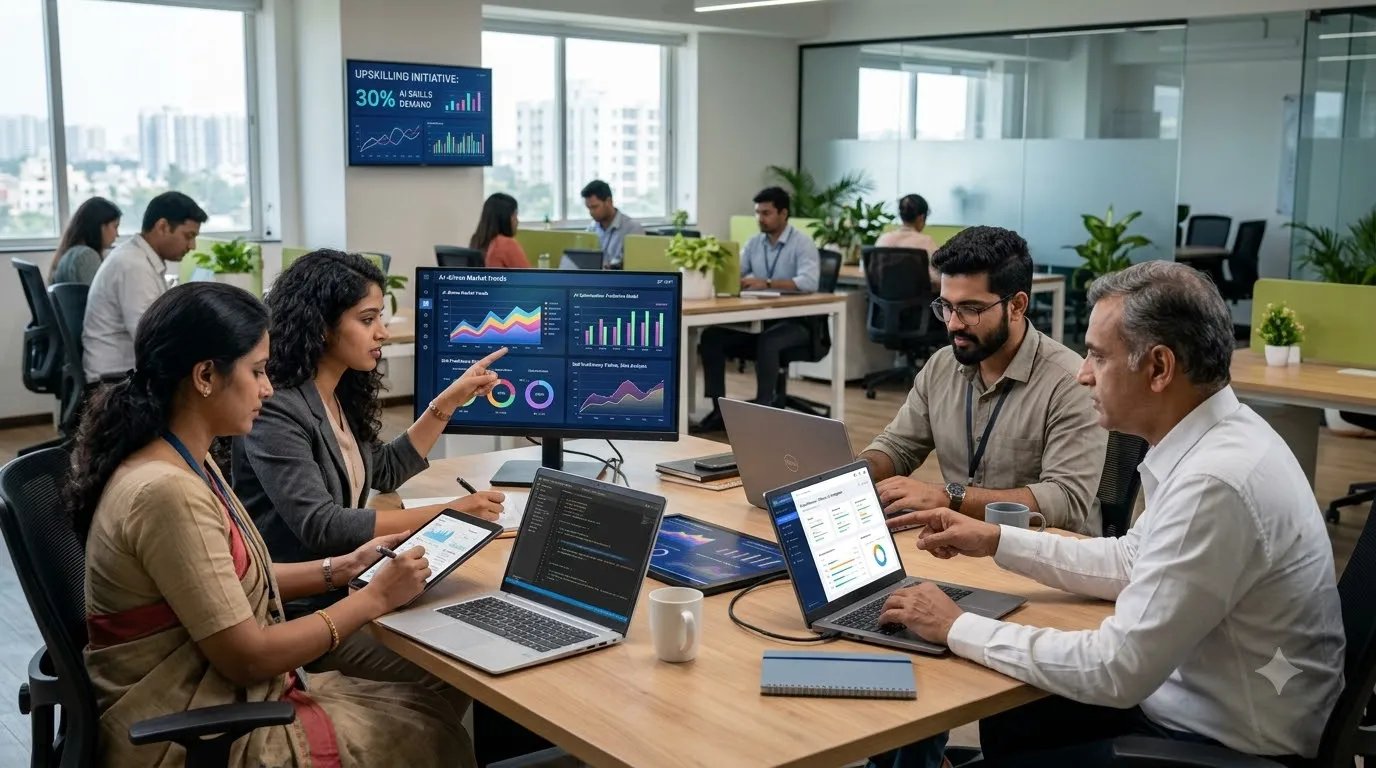 Professionals working with artificial intelligence technology in a modern workplace
