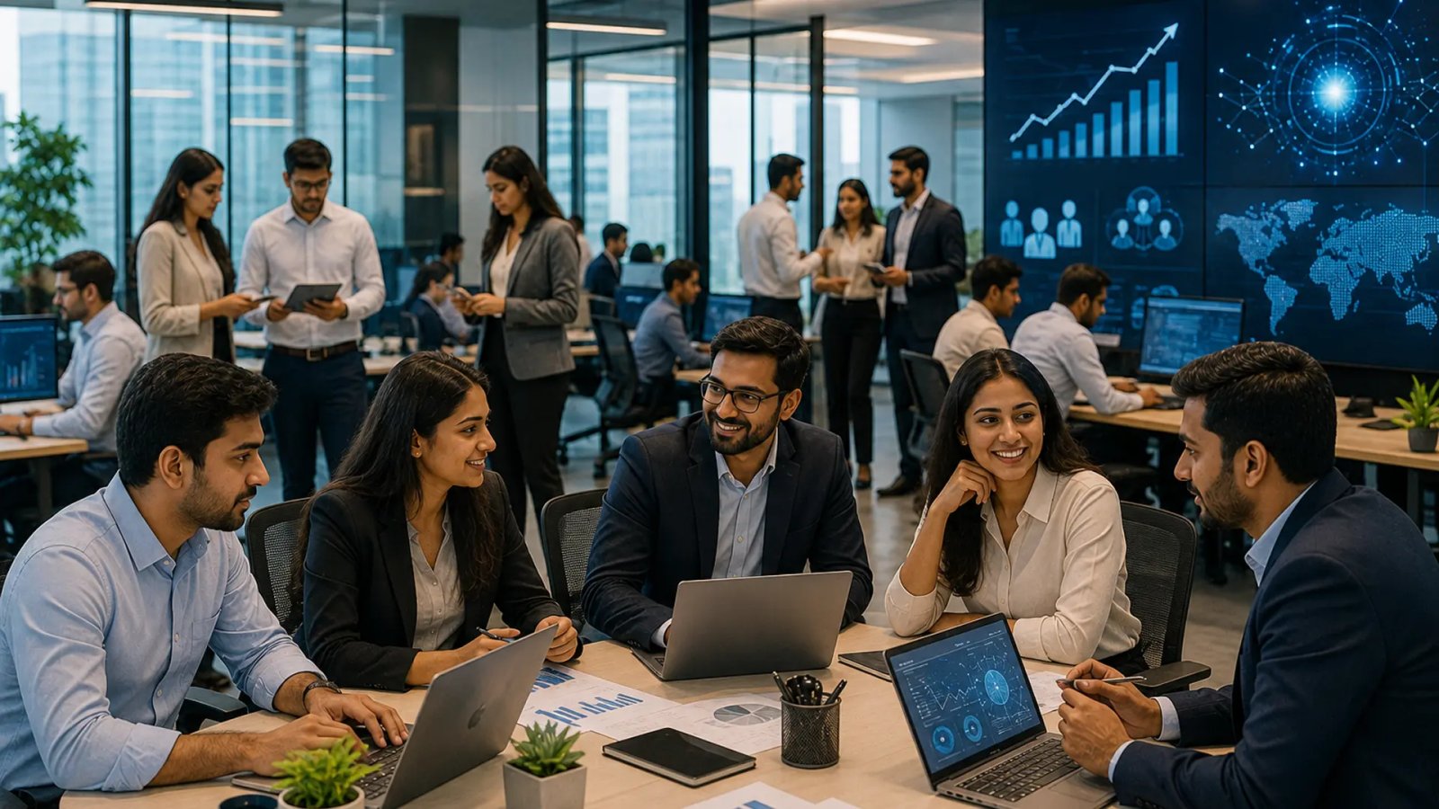 Indian professionals working in a modern corporate environment, representing growth in white-collar hiring, technology, business development and career opportunities.
