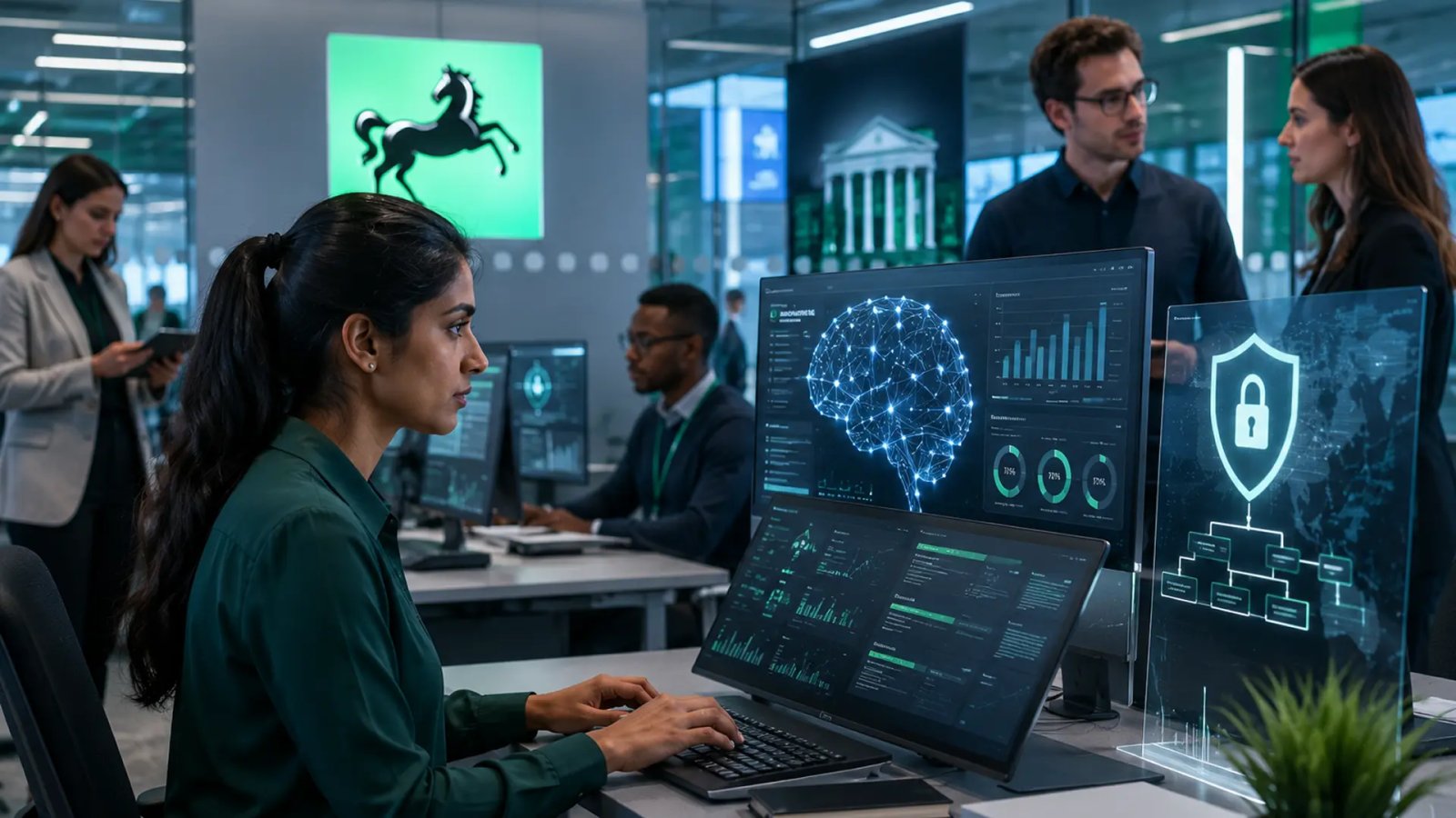 Professional banking technology team working on artificial intelligence systems and digital banking solutions.