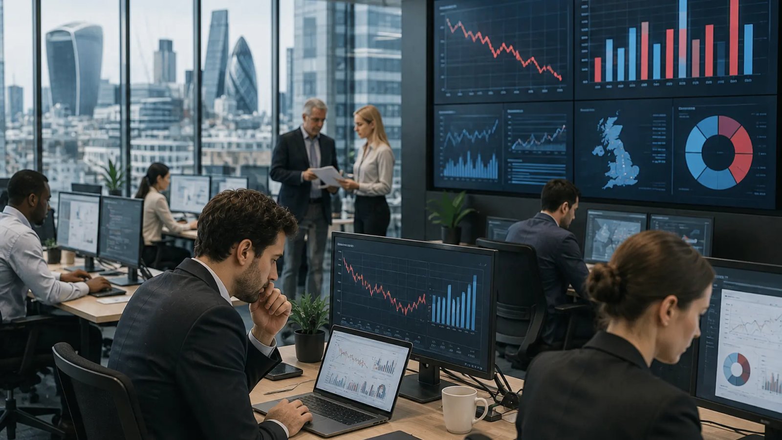 UK professionals working in a modern office representing changes in employment, wages and job vacancies
