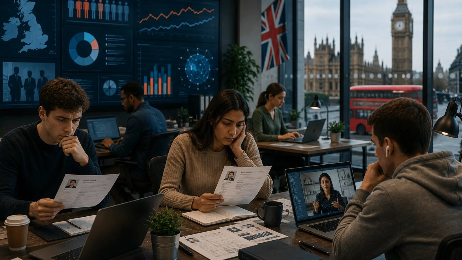Young professionals searching for entry-level jobs in a modern UK employment environment, with digital AI technology and career-related charts visible in the background.