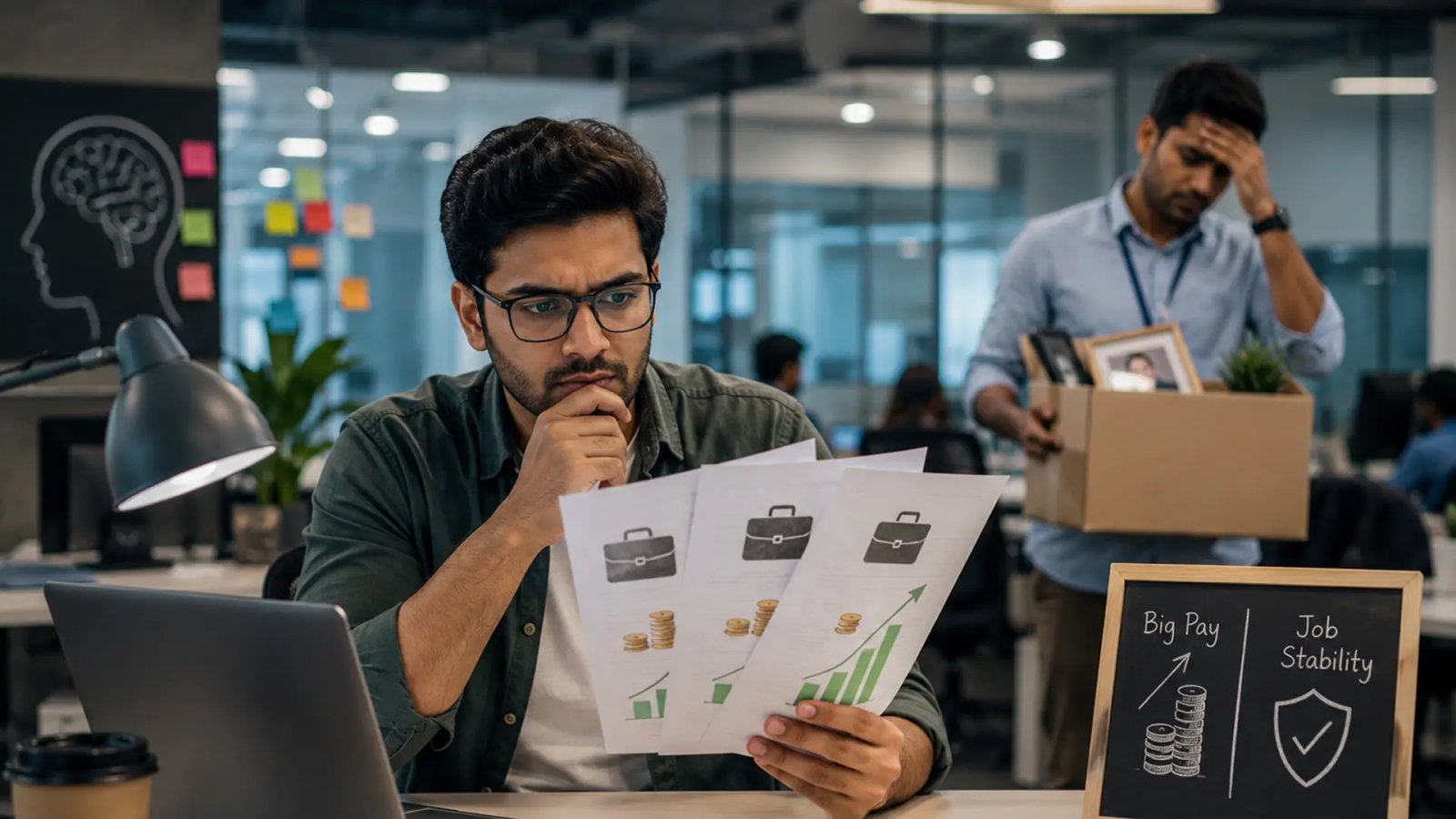 Professional employee reviewing job offers while considering career stability and salary growth decisions.