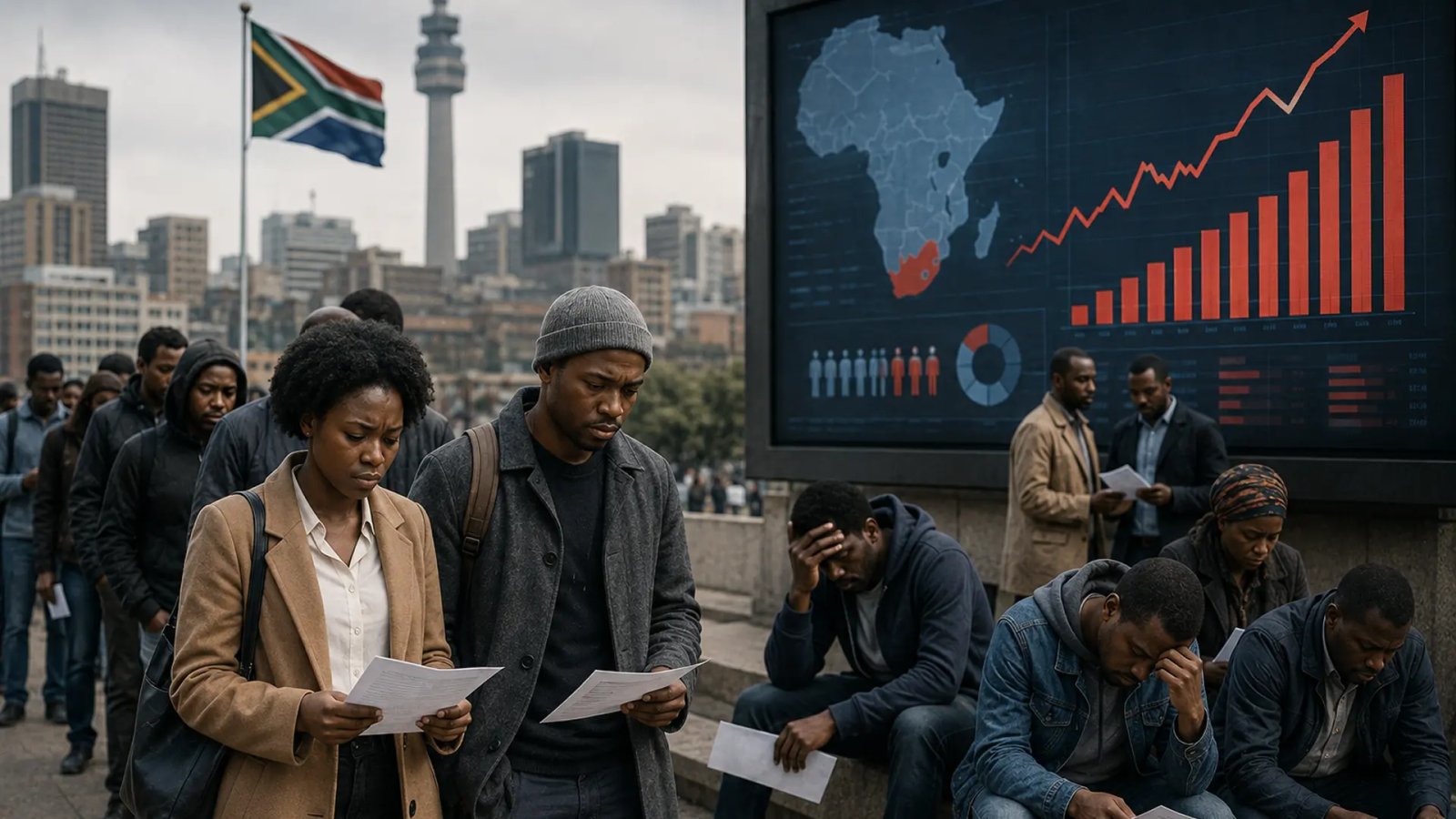 South African workers and job seekers in an urban setting representing the country’s rising unemployment rate.