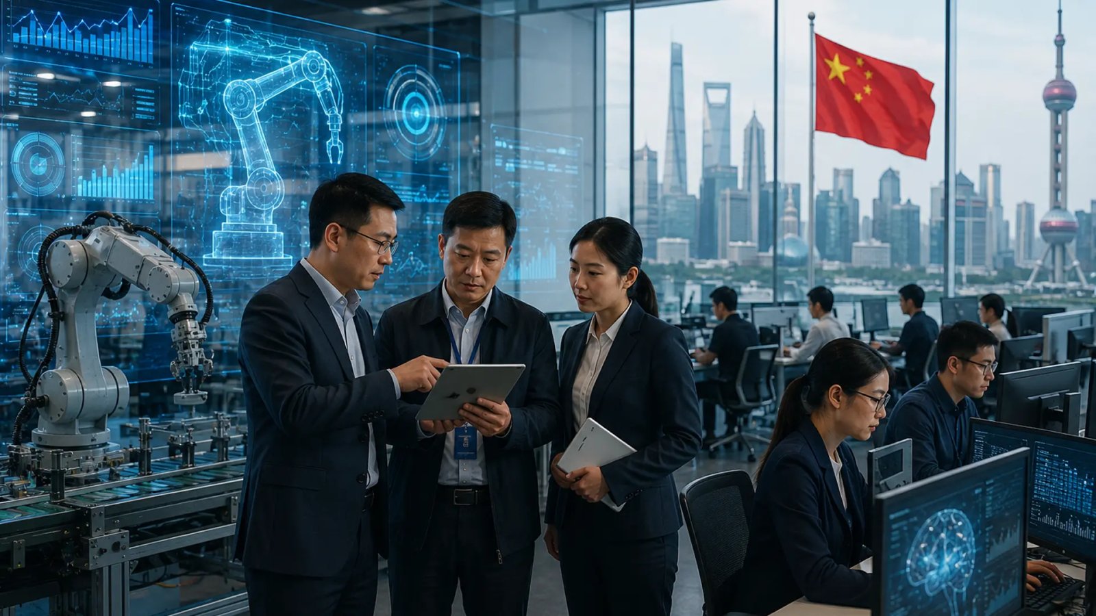 Employees working in a modern Chinese technology office with AI and automation graphics displayed on digital screens.