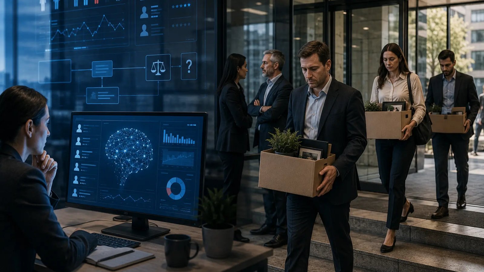 Illustration of employees leaving a modern office while digital AI analytics and workplace evaluation graphics appear in the background.