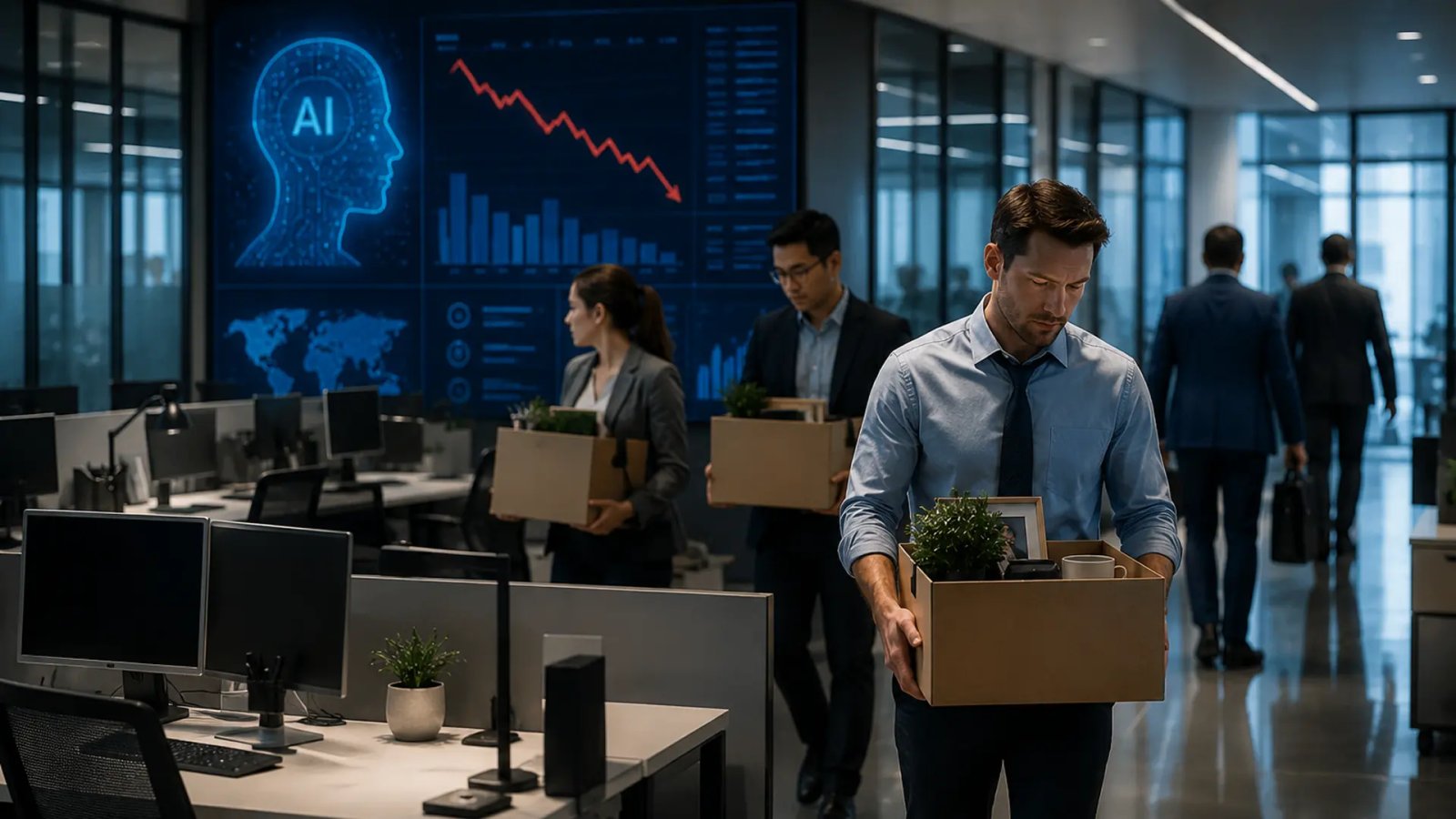 Office employees working on laptops as technology companies continue workforce reductions in 2026