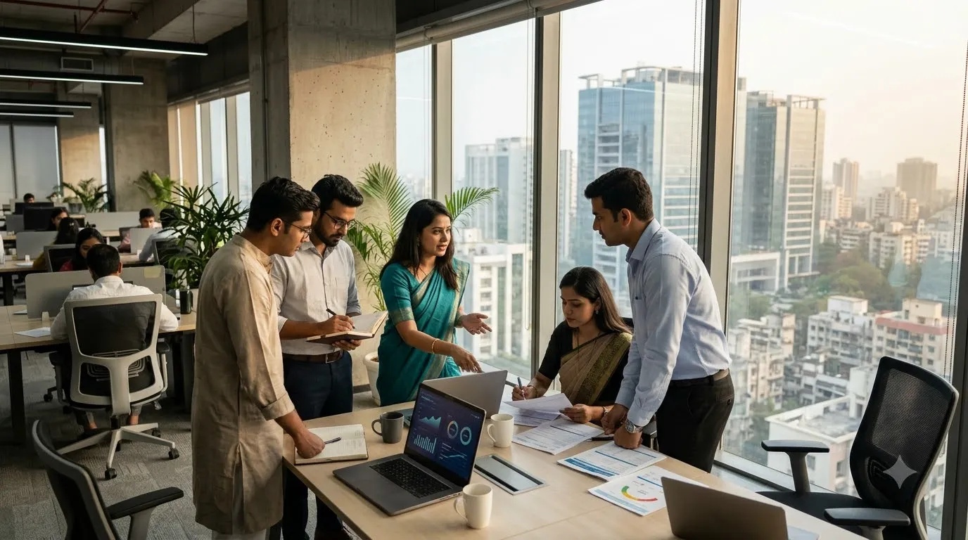 Professionals working in a modern Mumbai financial services office with digital banking and fintech activities.