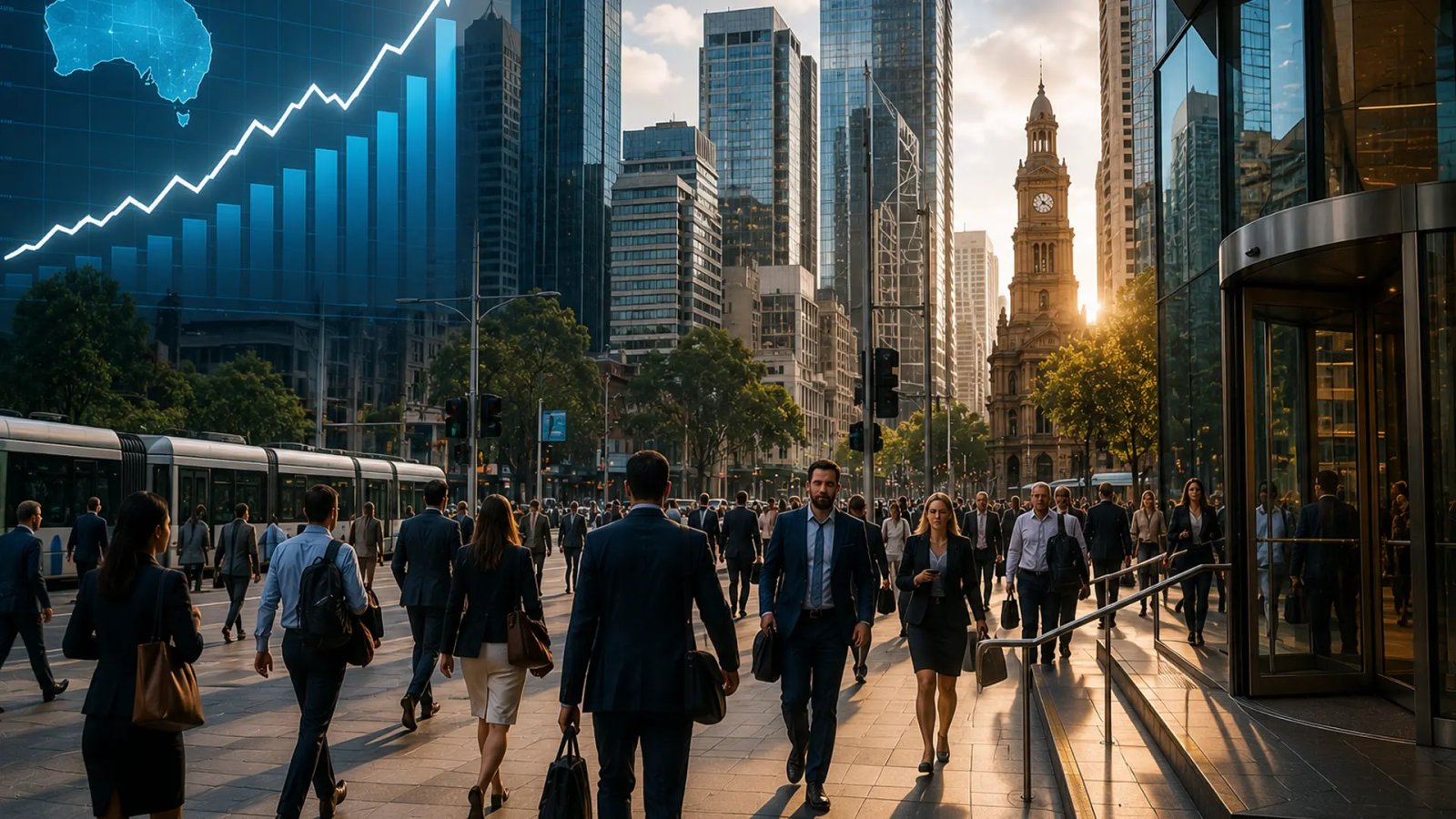 People walking through a busy business district in Australia, representing a strong labour market and economic activity.
