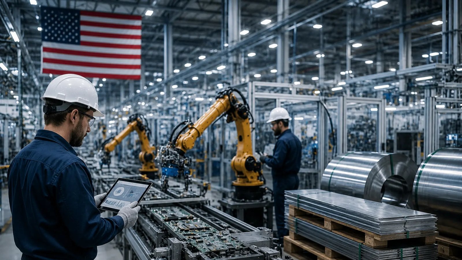 Workers operating equipment inside a U.S. manufacturing facility with industrial machinery on the production floor