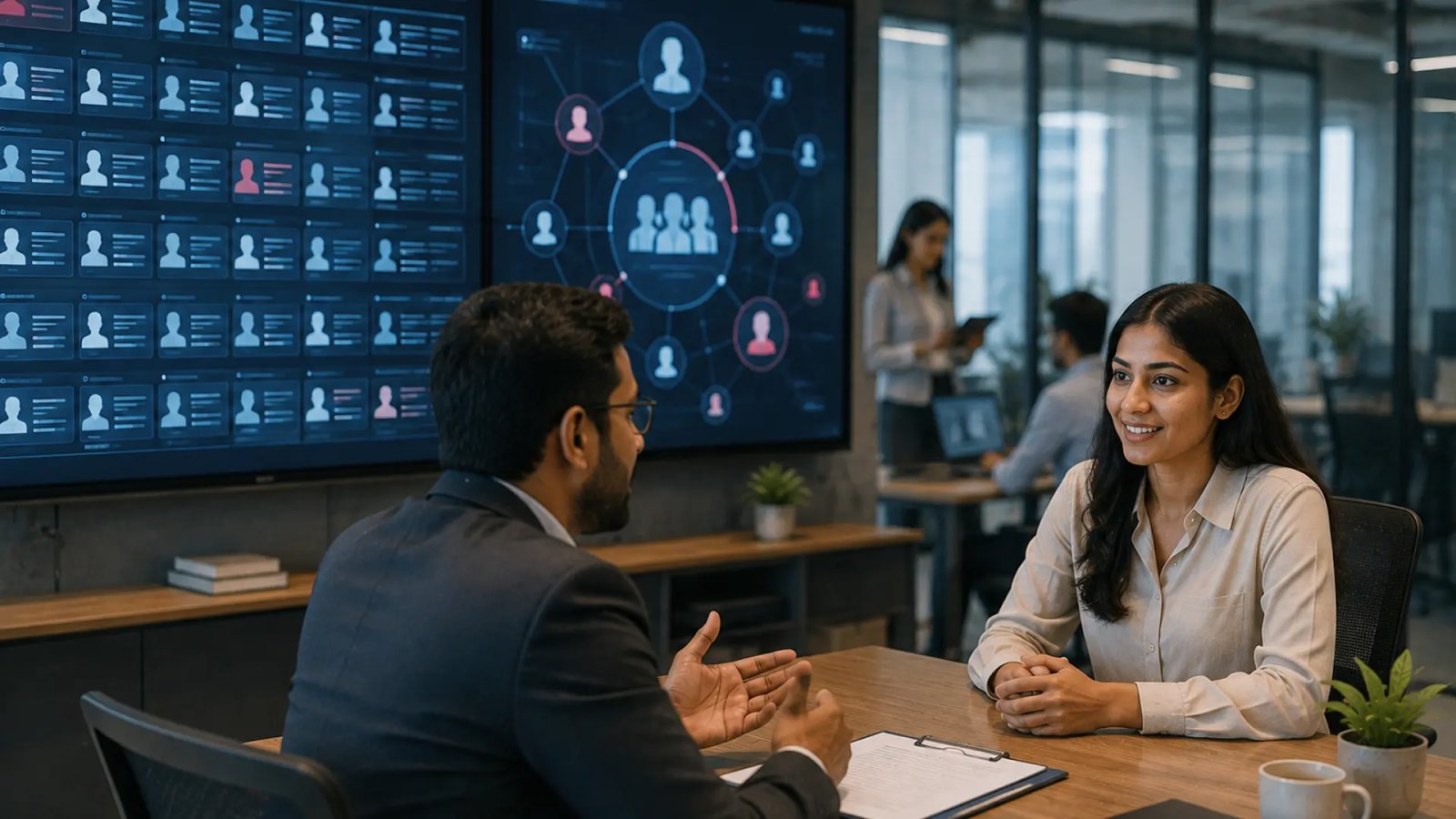 A recruiter and job candidate speaking during an in-person professional meeting, representing the growing importance of human connections and recommendations in recruitment