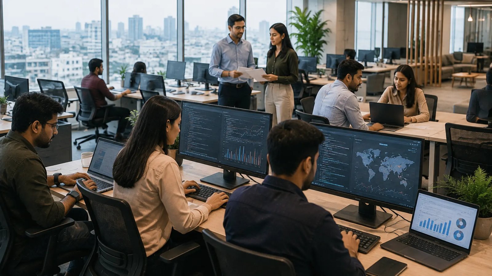Professionals working in a modern technology and financial services office representing the expansion of Charles Schwab's global capability centre in Hyderabad, India.