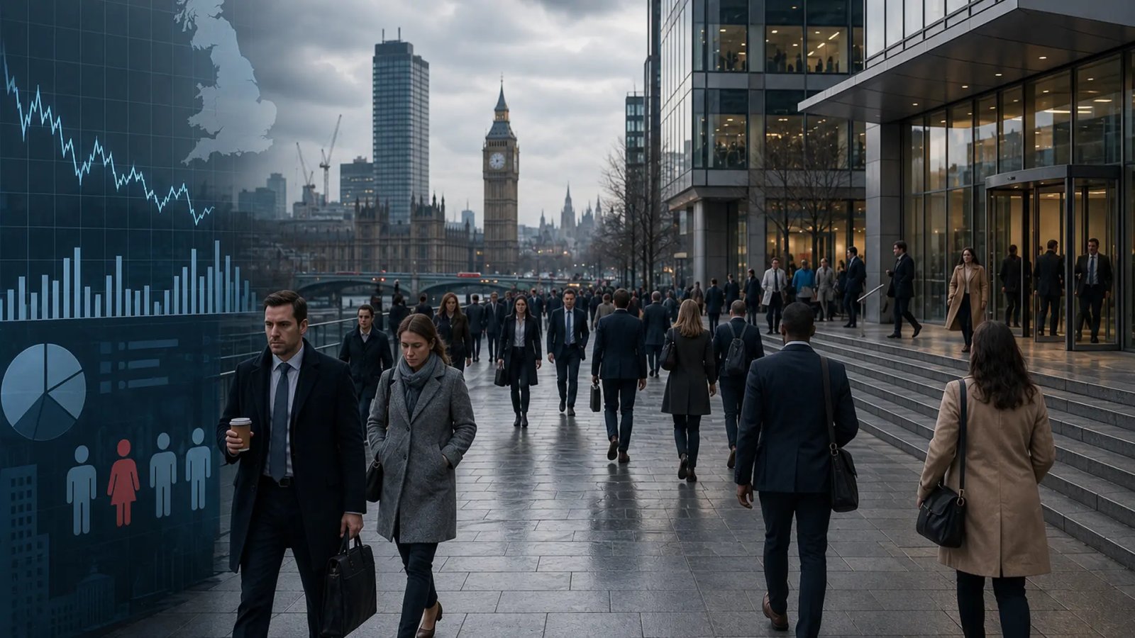 Office workers in the United Kingdom during a typical workday, representing the country's labour market and employment trends.