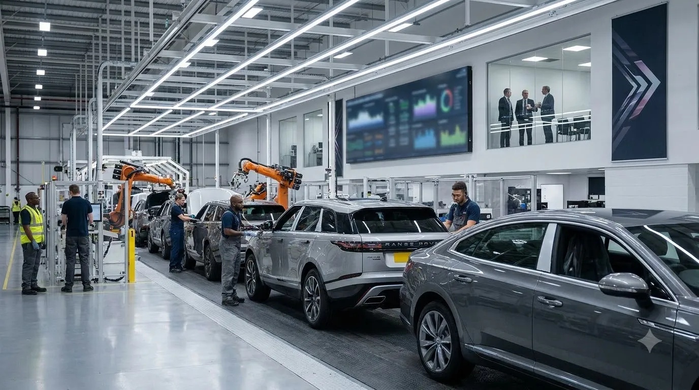 Jaguar Land Rover employees and automotive manufacturing operations representing the company's workforce reduction and restructuring plans.