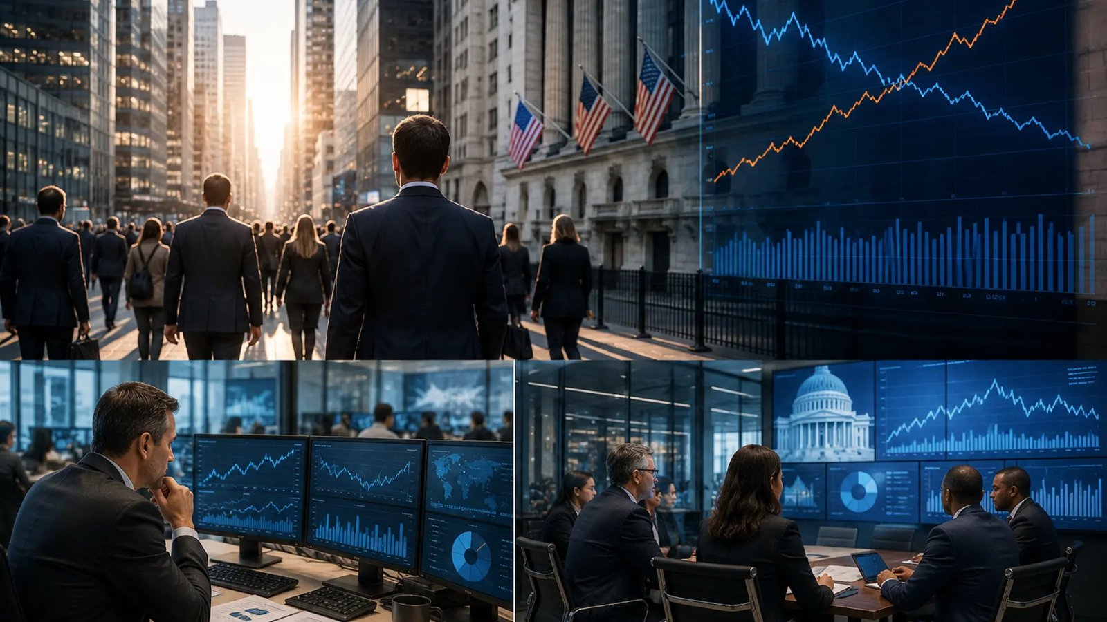 U.S. office workers and job seekers representing the July unemployment rate and changing labor-market conditions, with economic charts in the background.