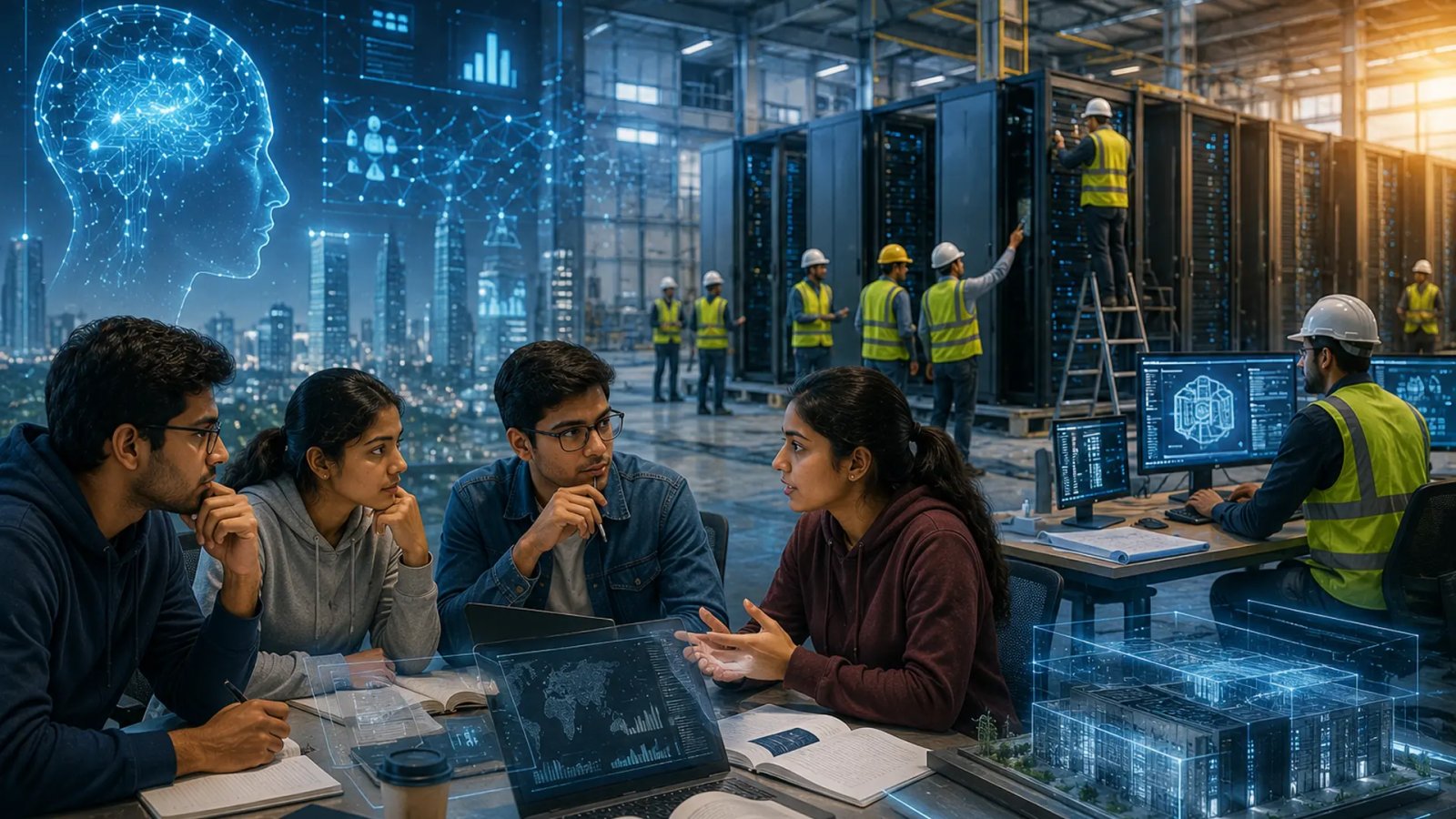 Professionals and students in a modern environment representing the impact of artificial intelligence on career choices, alongside workers involved in data center construction and infrastructure development.