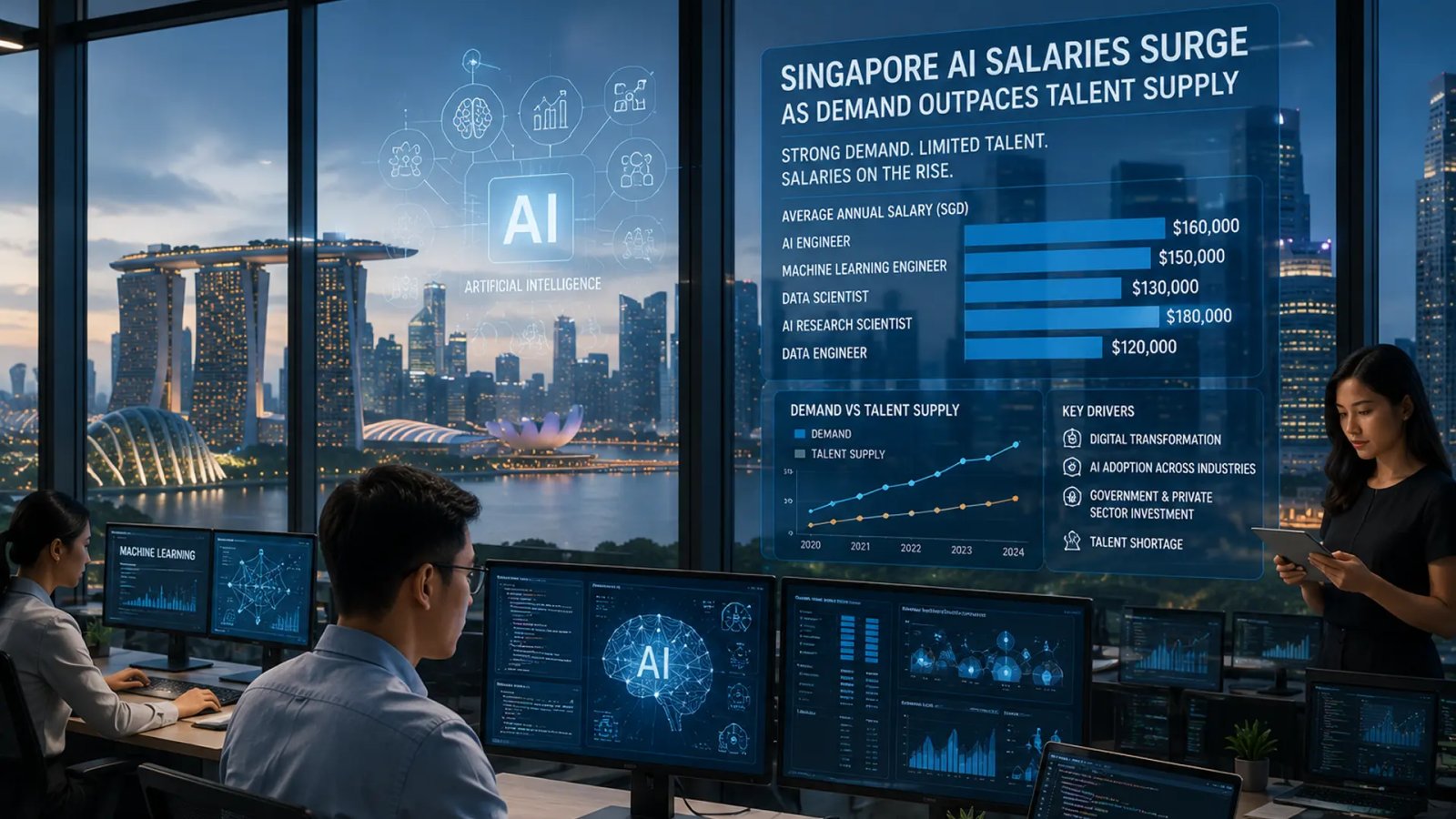 Professional working with artificial intelligence systems and data analytics on multiple digital screens.