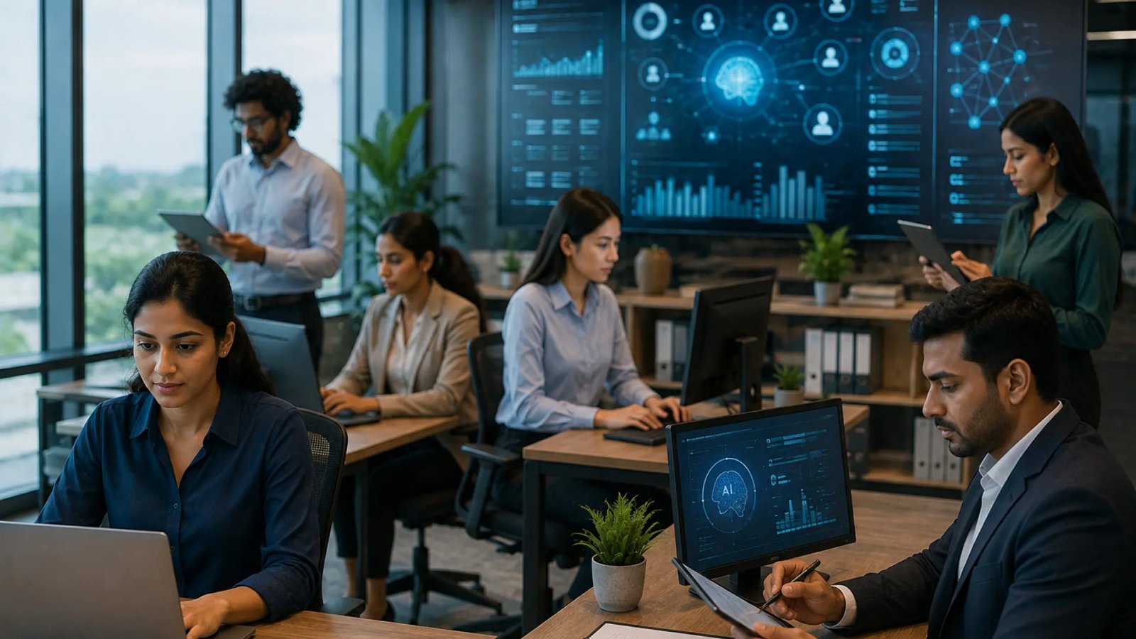 Professionals working in finance, HR and other non-tech fields using artificial intelligence tools in a modern workplace.
