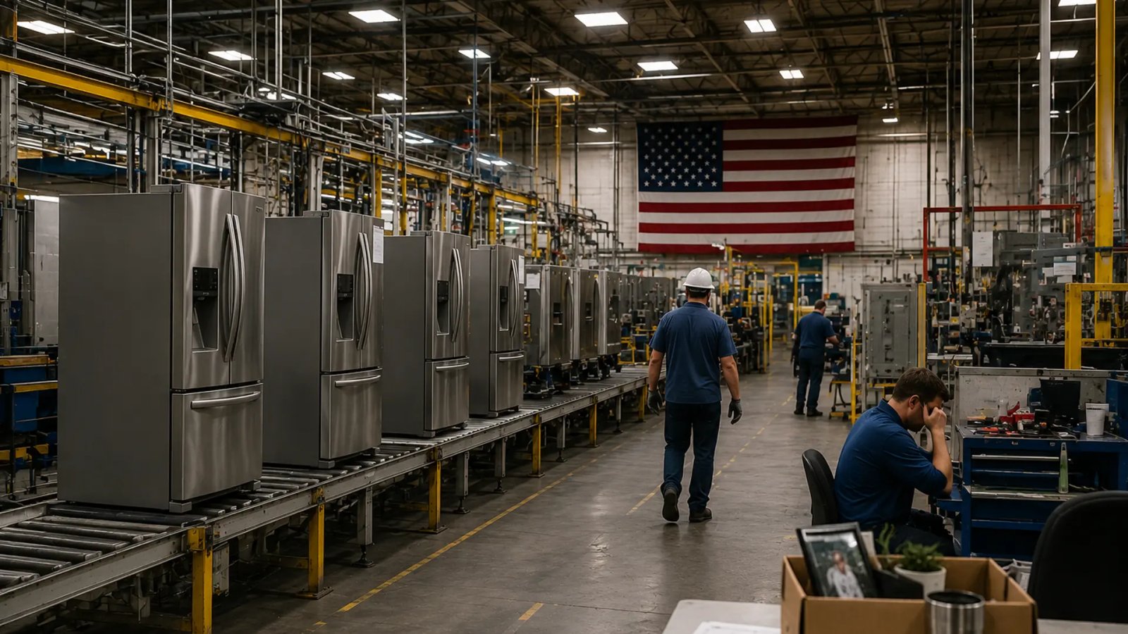 Workers at Whirlpool's Amana, Iowa refrigerator manufacturing plant where production and employment have declined.