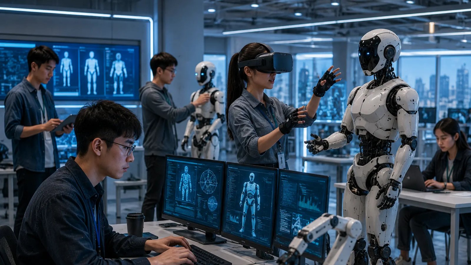 Young professionals training humanoid robots at an AI innovation center in Wuhan, China.