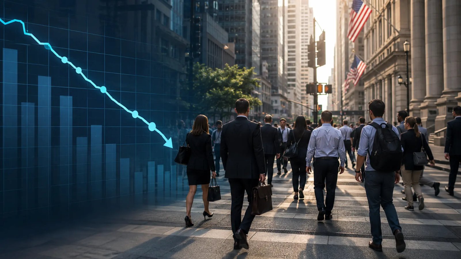 Employees walking through a business district, representing a resilient U.S. labor market as weekly unemployment claims fall to their lowest level in decades.