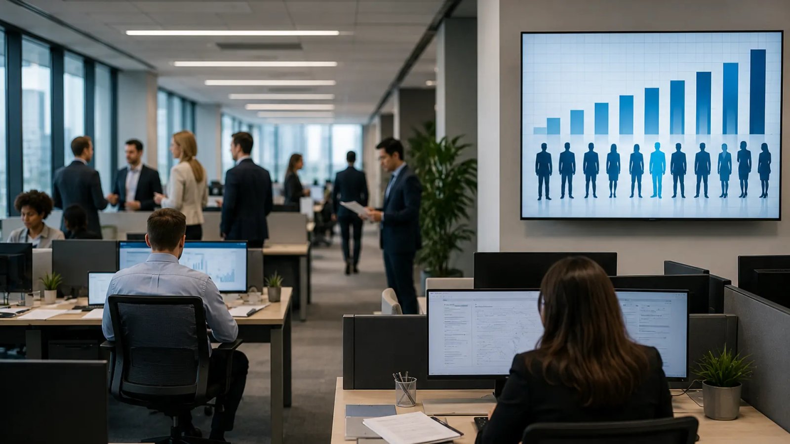 Office employees working at computers in a modern workplace, representing the U.S. labor market and hiring activity.