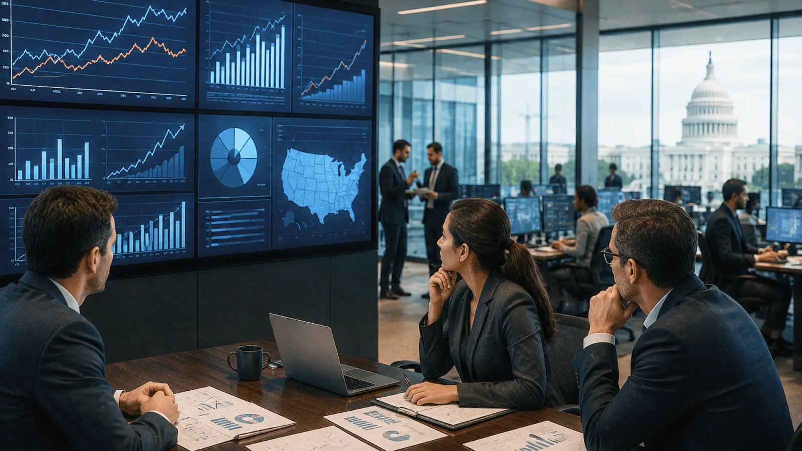 Professionals working in a modern U.S. office with economic charts and labor market indicators displayed on digital screens, representing producer prices, inflation, interest rates and employment trends.