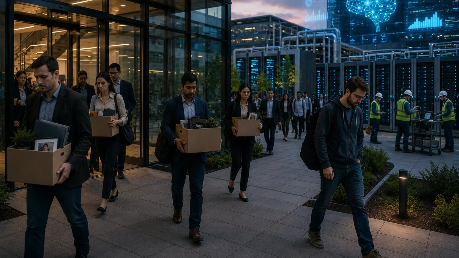 Employees leaving a modern technology office building as digital AI graphics symbolize the industry's shift toward artificial intelligence investment amid workforce reductions