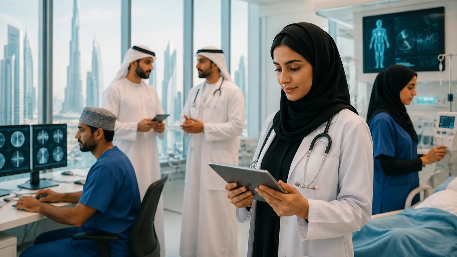 Healthcare professionals working in a modern UAE medical facility, representing expanded employment opportunities for Emirati nationals in specialised healthcare roles.