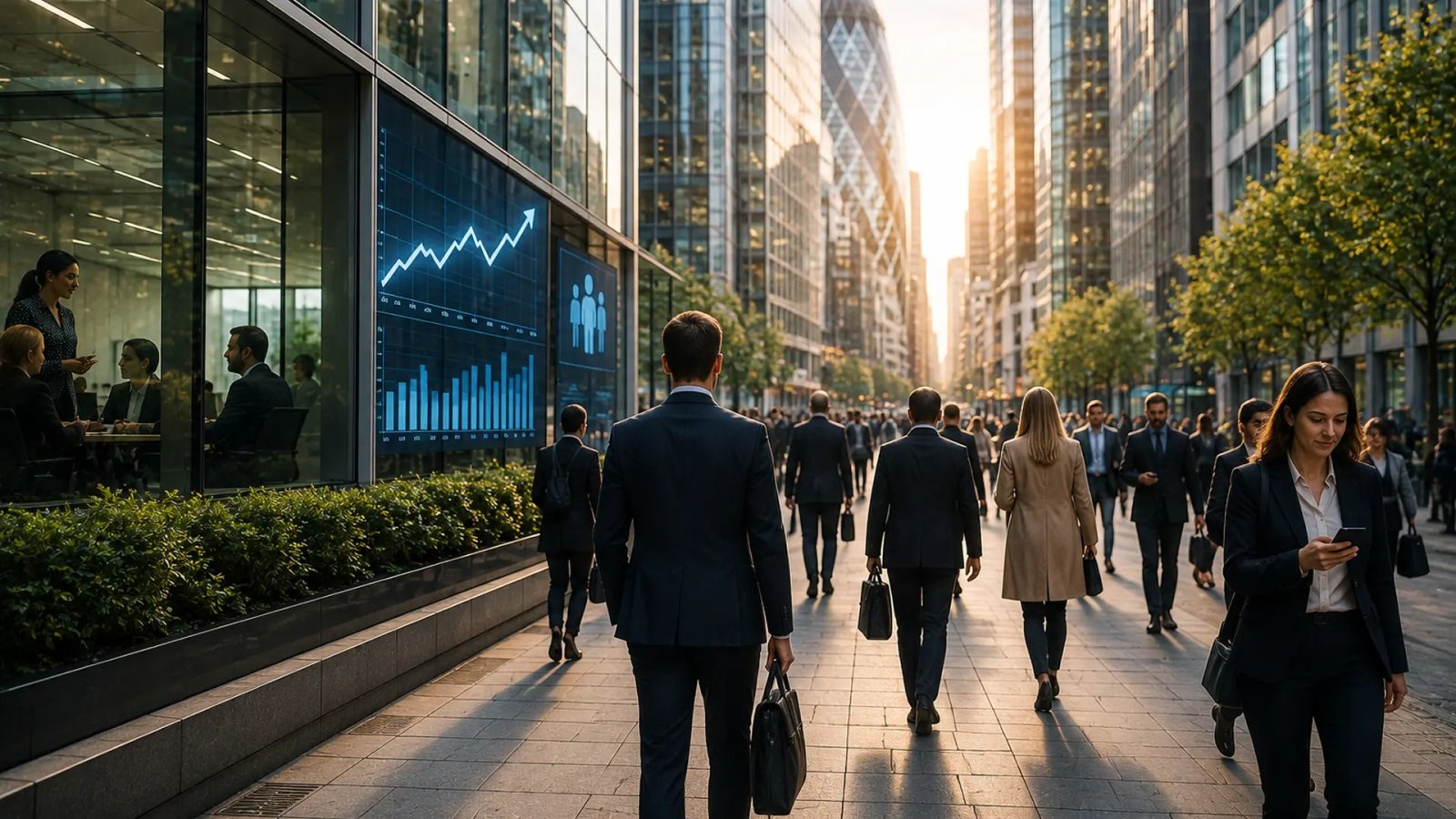 Professionals working in a modern UK office representing employment and hiring trends.