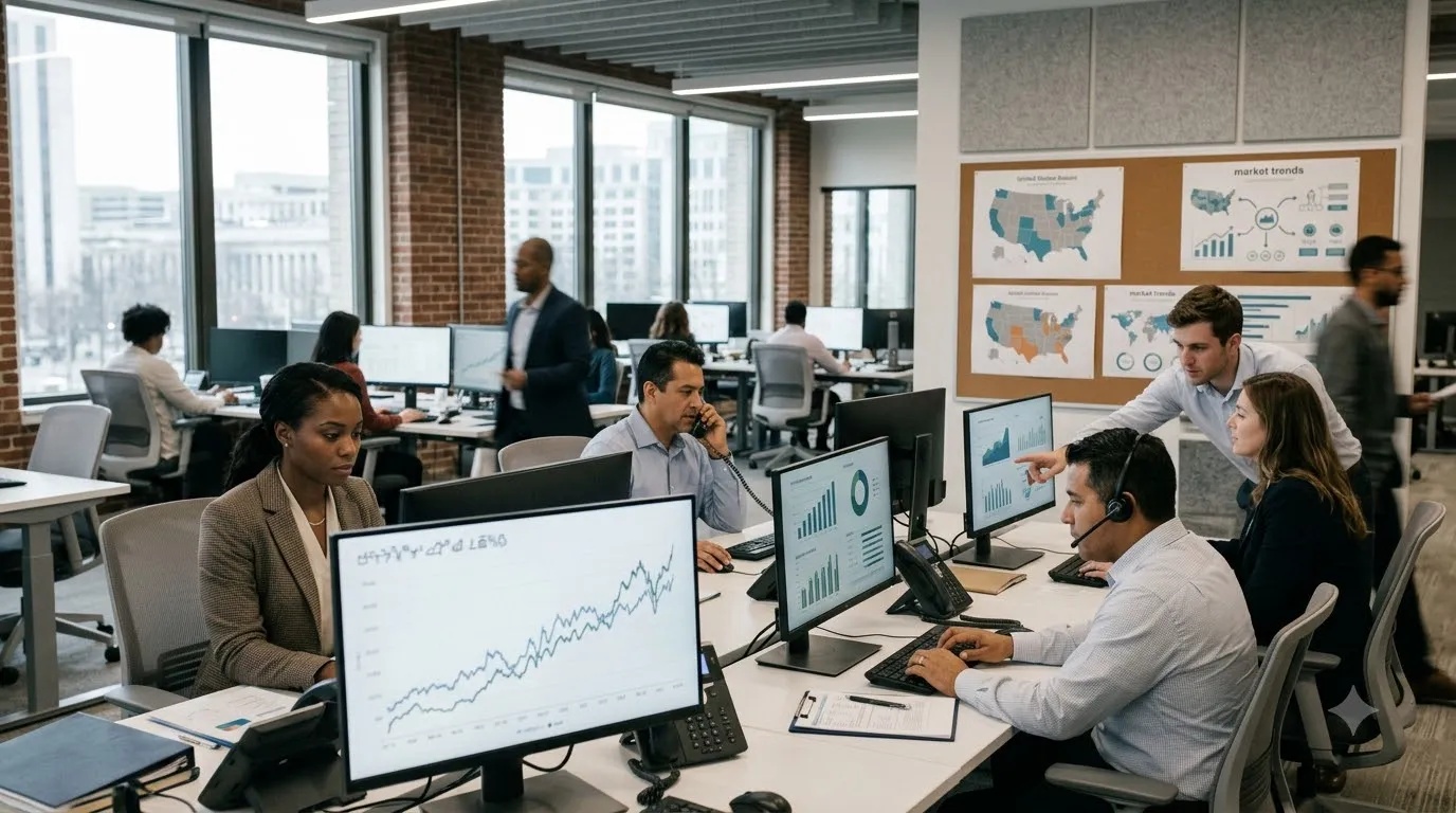 US professionals working in a modern office environment representing stable employment conditions and labor market activity