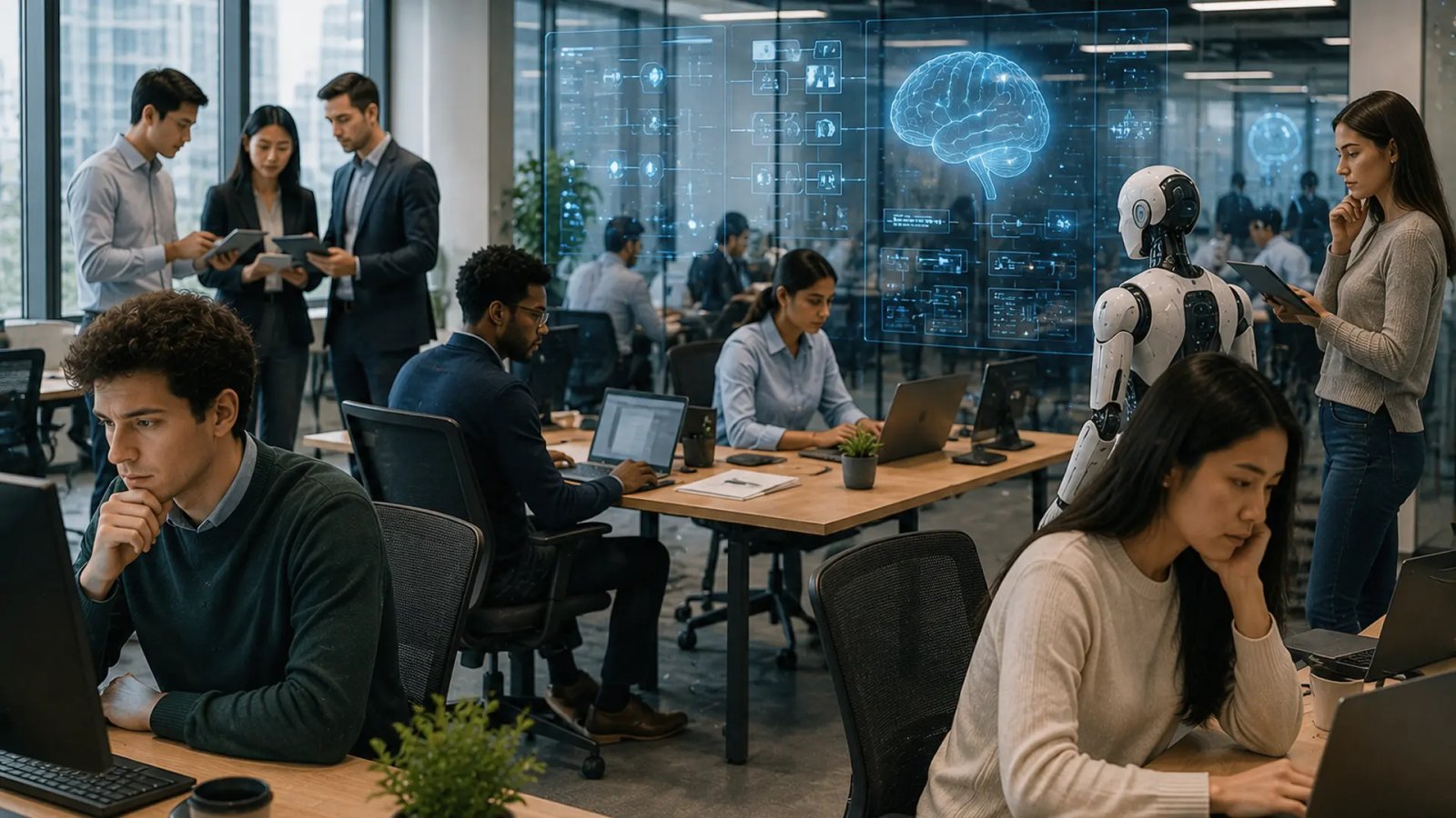 Young professionals working in a modern office as artificial intelligence technology changes workplace hiring and employment patterns.