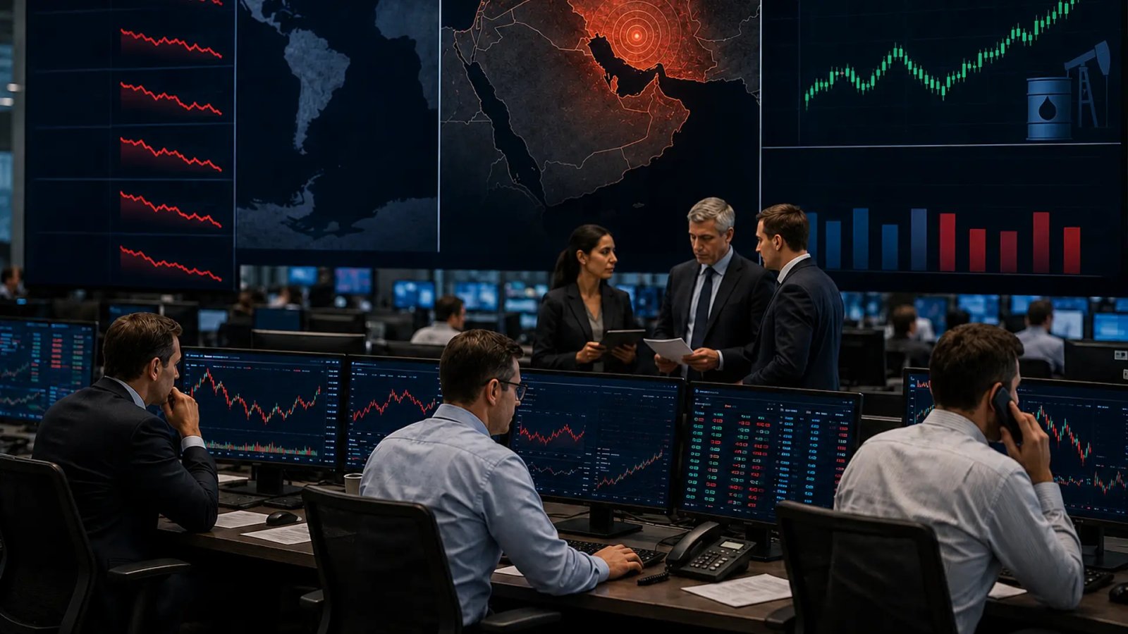 Trading screens displaying falling global stock indexes alongside rising crude oil prices during a volatile market session.