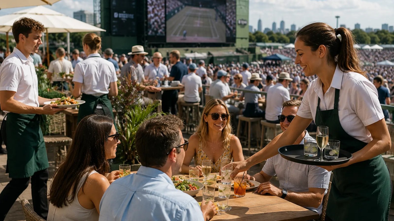 UK hospitality and tourism workers serving customers during a busy summer event, representing the recovery in seasonal hiring